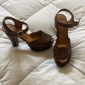 brown suede platform pump with ankle strap